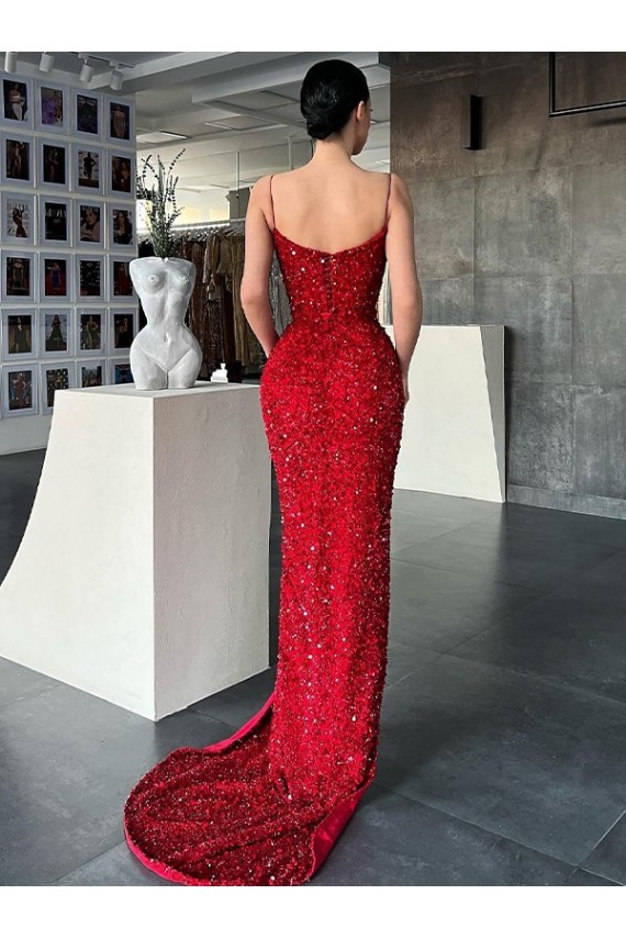 Rouge Fourreau Col V Balayage train Paillettes Velours Longue Robes de bal Grossiste