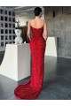 Rouge Fourreau Col V Balayage train Paillettes Velours Longue Robes de bal Grossiste