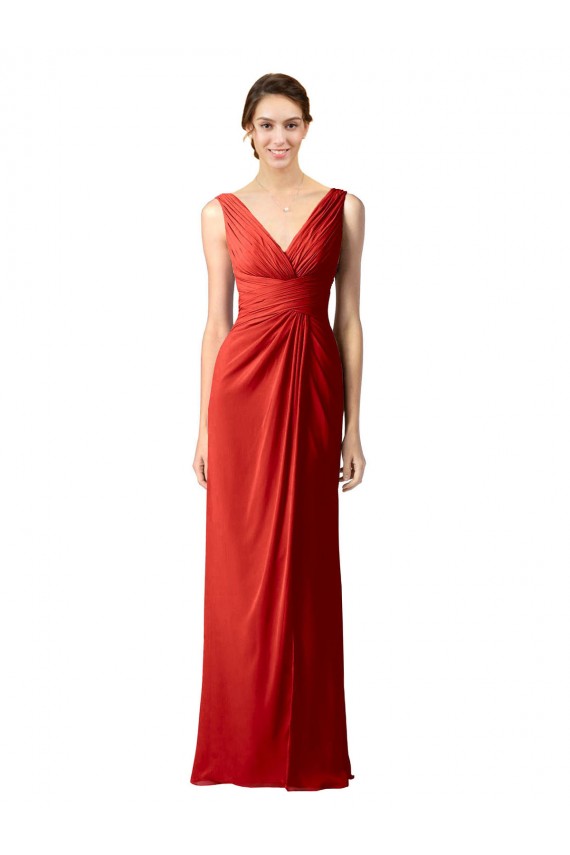 Rouge Fourreau Col V Mousseline Longue Robes demoiselle d'honneur Grossiste