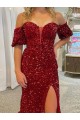 Rouge Fourreau Épaule Dénudée Traîne moyenne Paillettes Velours Longue Robes de bal Grossiste