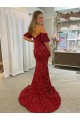 Rouge Fourreau Épaule Dénudée Traîne moyenne Paillettes Velours Longue Robes de bal Grossiste