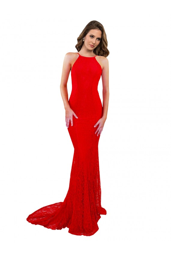 Rouge Sirène Col Haut Dentelle Longue Formelles Robes demoiselle d'honneur / Robes de soirée / Robes de bal Grossiste