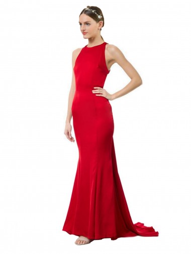Rouge Sirène Licou Col Haut Crêpe Stretch Longue Formelles Robes demoiselle d'honneur / Robes de soirée / Robes de bal Grossiste