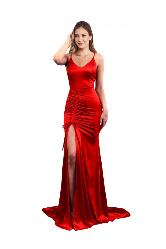 Rouge Sirène Satiné Stretch Longue Formelles Robes demoiselle d'honneur / Robes de soirée / Robes de bal Grossiste