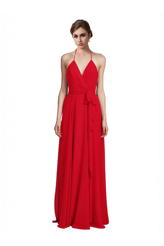 Rouge Trapèze Bretelles spaghetti Col V Mousseline Longue Robes demoiselle d'honneur Grossiste
