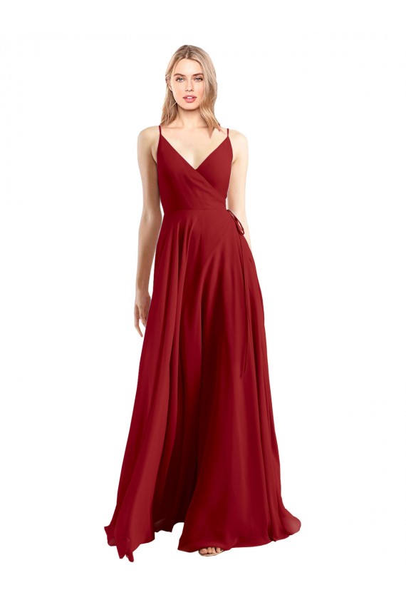 Rouge Trapèze Bretelles spaghetti Col V Mousseline Longue Robes demoiselle d'honneur Grossiste