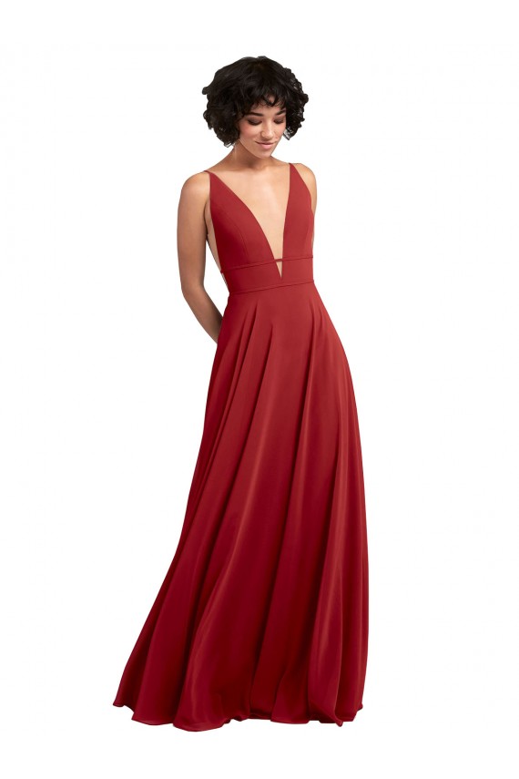 Rouge Trapèze Col V Mousseline Longue Robes demoiselle d'honneur Grossiste