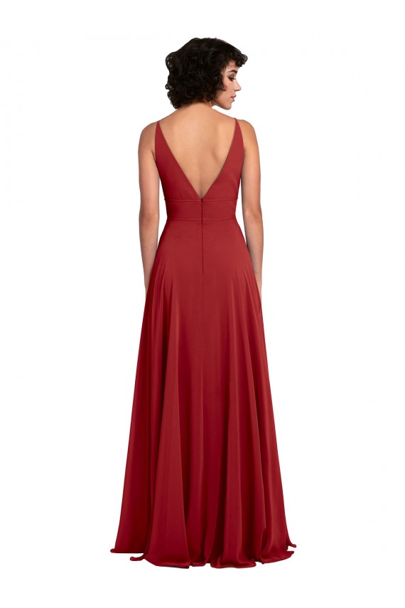 Rouge Trapèze Col V Mousseline Longue Robes demoiselle d'honneur Grossiste