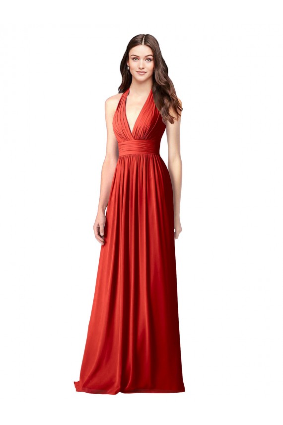 Rouge Trapèze Licou Col V Mousseline Longue Robes demoiselle d'honneur Grossiste