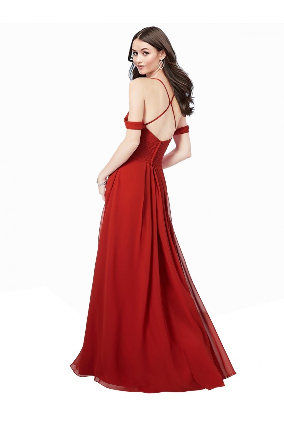 Rouge foncé Trapèze Col V Mousseline Longue Robes demoiselle d'honneur Grossiste