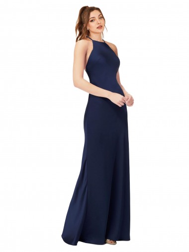 Saphir Fourreau Col Haut Satiné Soyeux Longue Formelles Robes demoiselle d'honneur / Robes de soirée / Robes de bal Grossiste