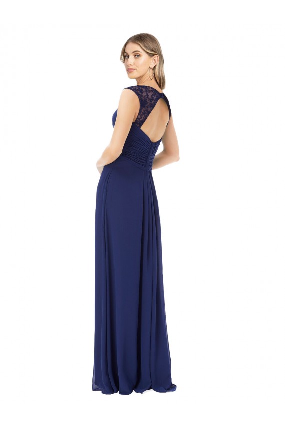 Saphir Trapèze Col V Mousseline Longue Robes demoiselle d'honneur Grossiste