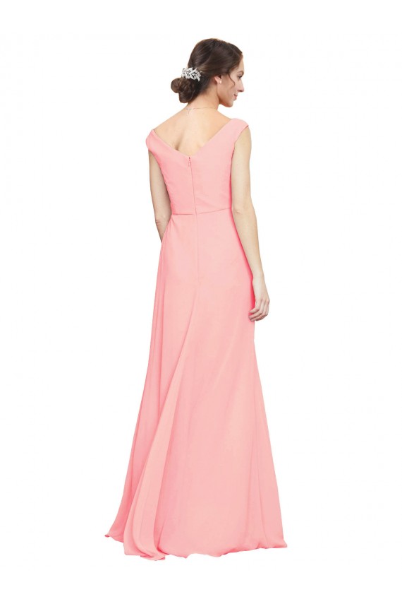 Saumon Trapèze Col V Mousseline Longue Robes demoiselle d'honneur Grossiste
