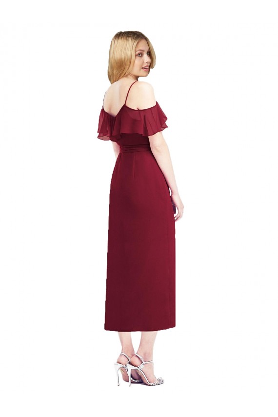 Saumon Trompette Bretelles spaghetti Col V Mousseline Courte Asymétrique Robes demoiselle d'honneur Grossiste