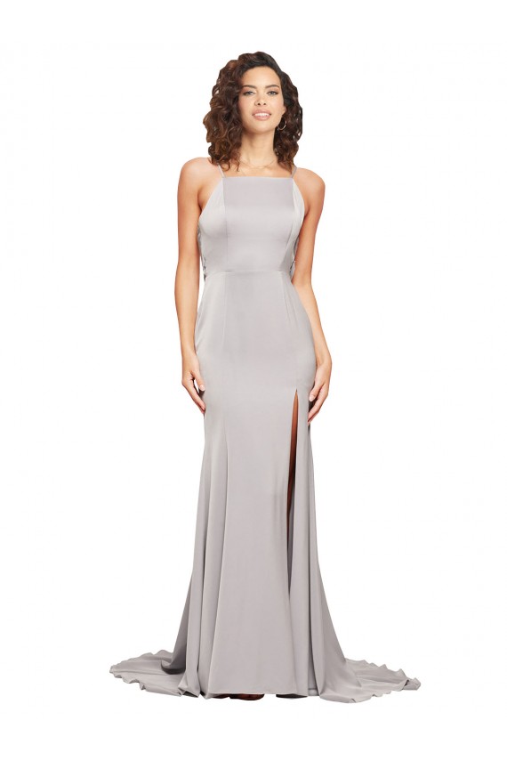 Trapèze Col Haut Balayage train Satiné Stretch Longue Formelles Robes demoiselle d'honneur / Robes de soirée / Robes de bal Grossiste