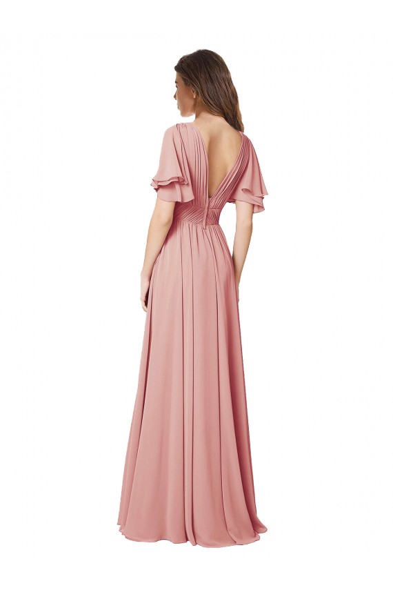 Trapèze Col V Mousseline Longue Robes demoiselle d'honneur Grossiste