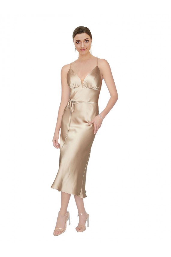 Trapèze Col V midi Satiné Soyeux Courte Robes demoiselle d'honneur / Robes de soirée / Robes de cocktail Grossiste