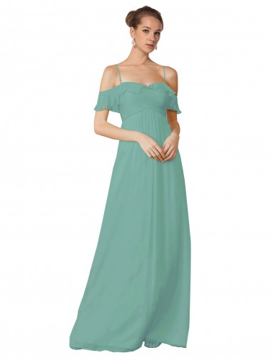 Trapèze Épaule Dénudée Bretelles spaghetti Mousseline Longue Robes demoiselle d'honneur Grossiste