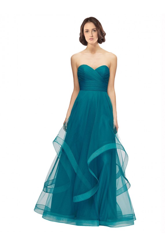 Turquoise Trapèze Sans bretelle Tulle Longue Robes demoiselle d'honneur Grossiste