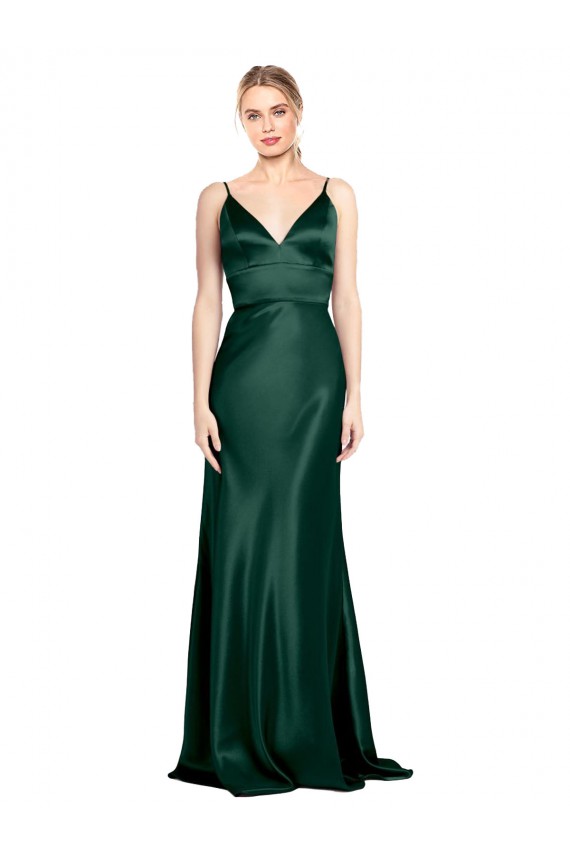 Vert Chasseur Fourreau Bretelles spaghetti Col V Satiné Stretch Longue Formelles Robes demoiselle d'honneur / Robes de soirée / Robes de bal Grossiste