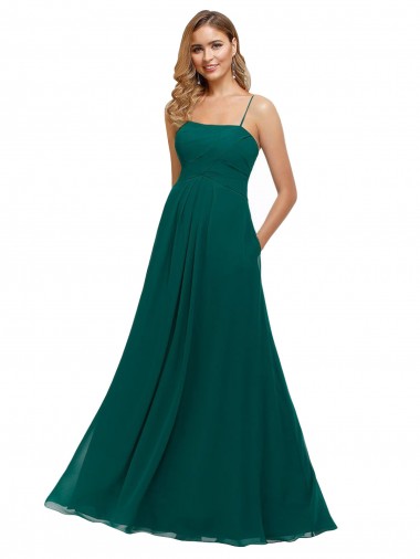 Vert Chasseur Trapèze Bretelles spaghetti Col Carré Mousseline Longue Robes demoiselle d'honneur Grossiste