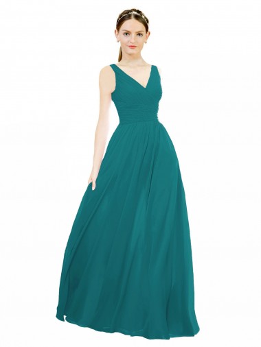 Vert Chasseur Trapèze Col V Mousseline Longue Robes demoiselle d'honneur Grossiste
