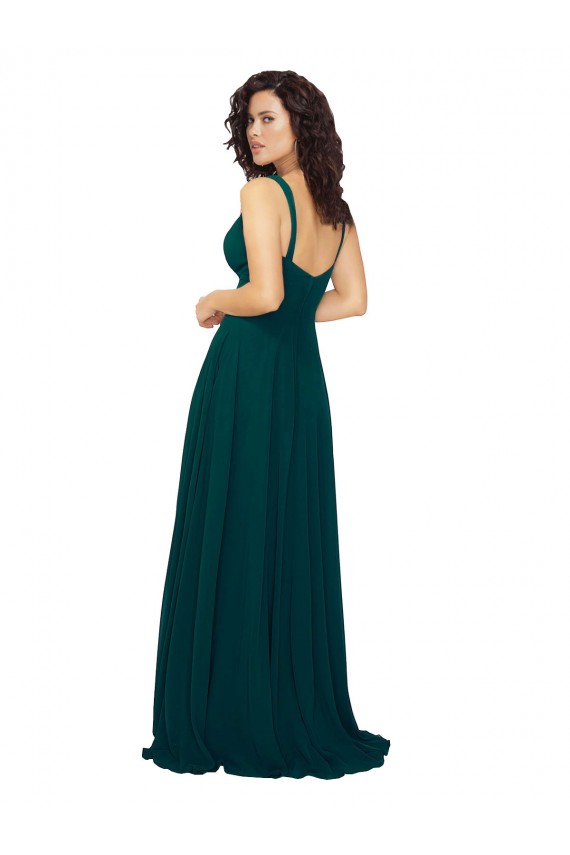 Vert Chasseur Trapèze Col V Mousseline Longue Robes demoiselle d'honneur Grossiste