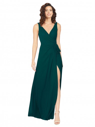 Vert Chasseur Trapèze Col V Mousseline Longue Robes demoiselle d'honneur Grossiste