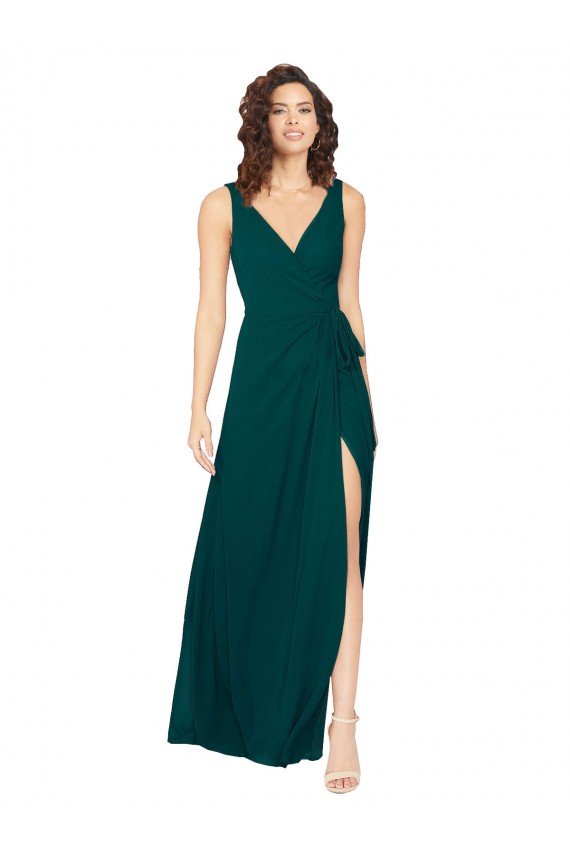 Vert Chasseur Trapèze Col V Mousseline Longue Robes demoiselle d'honneur Grossiste