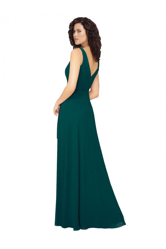 Vert Chasseur Trapèze Col V Mousseline Longue Robes demoiselle d'honneur Grossiste