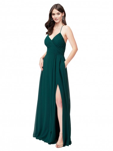 Vert Chasseur Trapèze Col V Mousseline Longue Robes demoiselle d'honneur Grossiste
