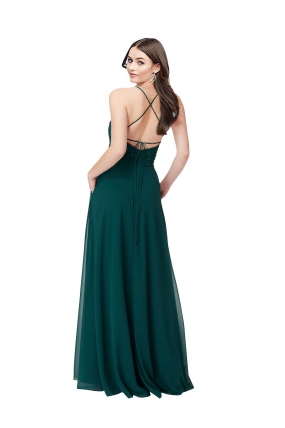 Vert Chasseur Trapèze Col V Mousseline Longue Robes demoiselle d'honneur Grossiste
