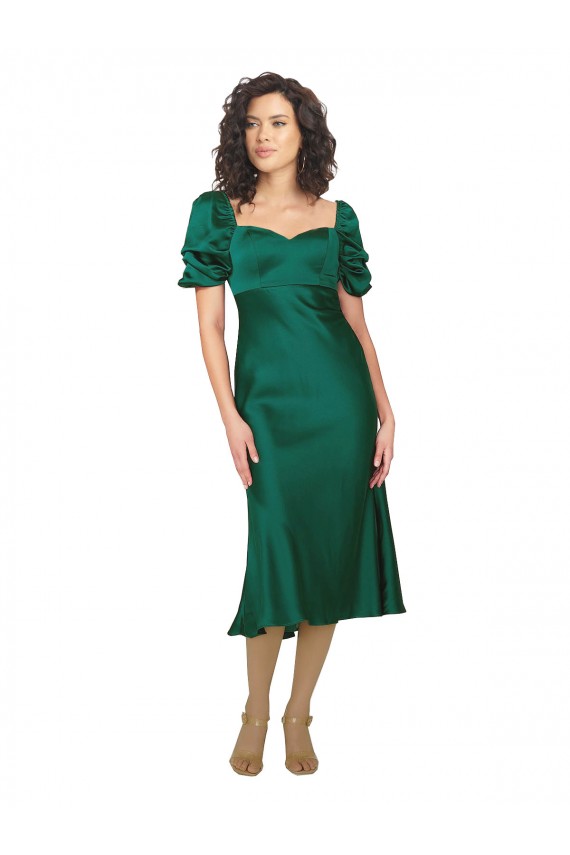 Vert Chasseur Trapèze midi Satiné Soyeux Courte Robes demoiselle d'honneur / Robes de soirée / Robes de bal Grossiste