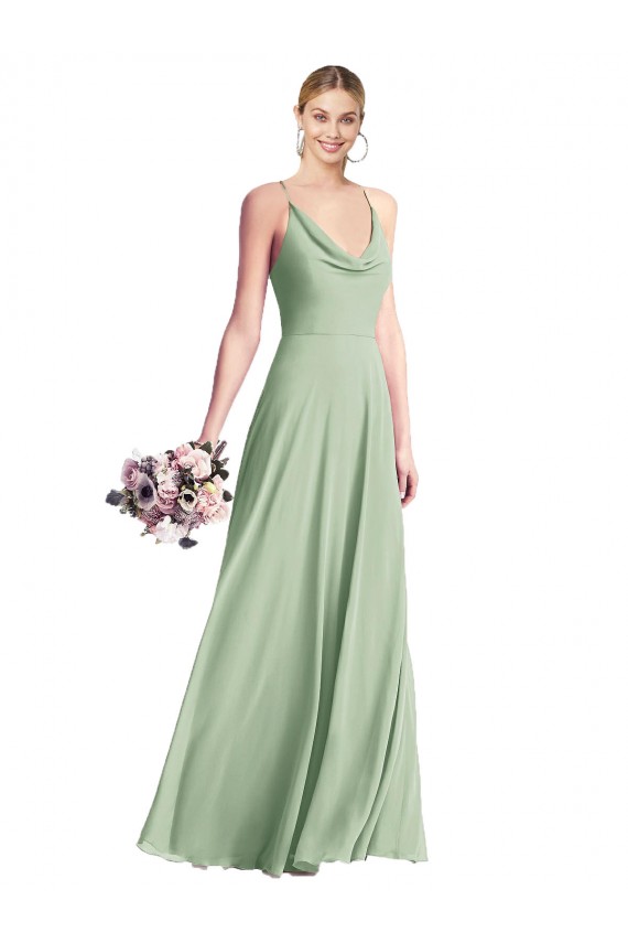 Vert Sauge Trapèze Bretelles spaghetti Mousseline Longue Robes demoiselle d'honneur Grossiste