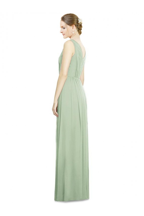 Vert Sauge Trapèze Col V Mousseline Longue Robes demoiselle d'honneur Grossiste