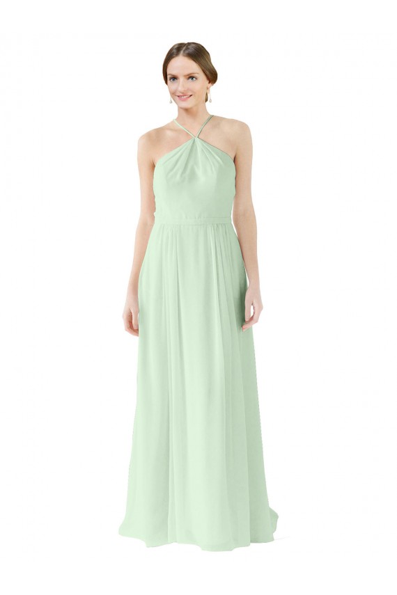 Vert Sauge Trapèze Licou Mousseline Longue Robes demoiselle d'honneur Grossiste