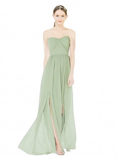 Vert Sauge Trapèze Sans bretelle Mousseline Longue Robes demoiselle d'honneur Grossiste