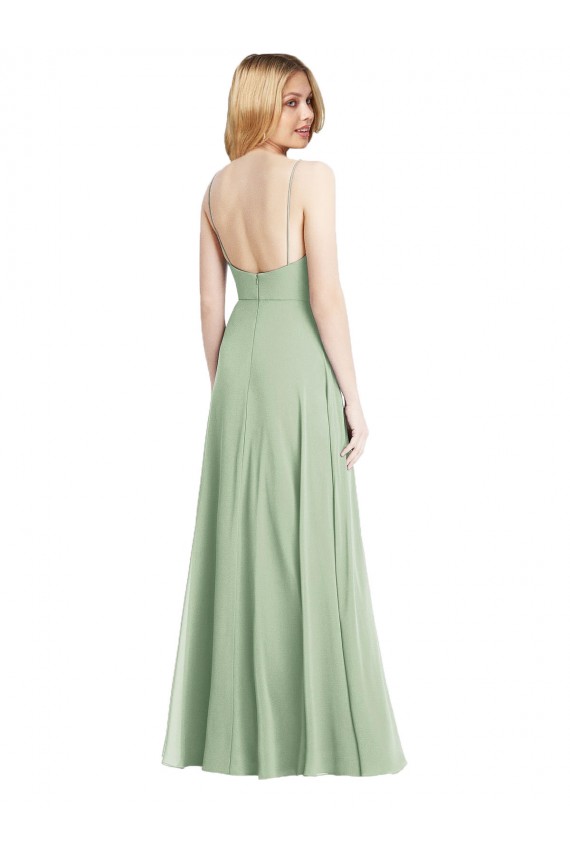 Vert Sauge Trompette Bretelles spaghetti Col Carré Mousseline Longue Formelles Robes demoiselle d'honneur / Robes de soirée Grossiste