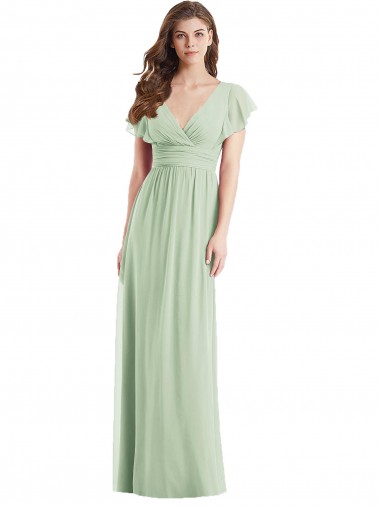 Vert Sauge Trompette Col V Mousseline Longue Robes demoiselle d'honneur Grossiste