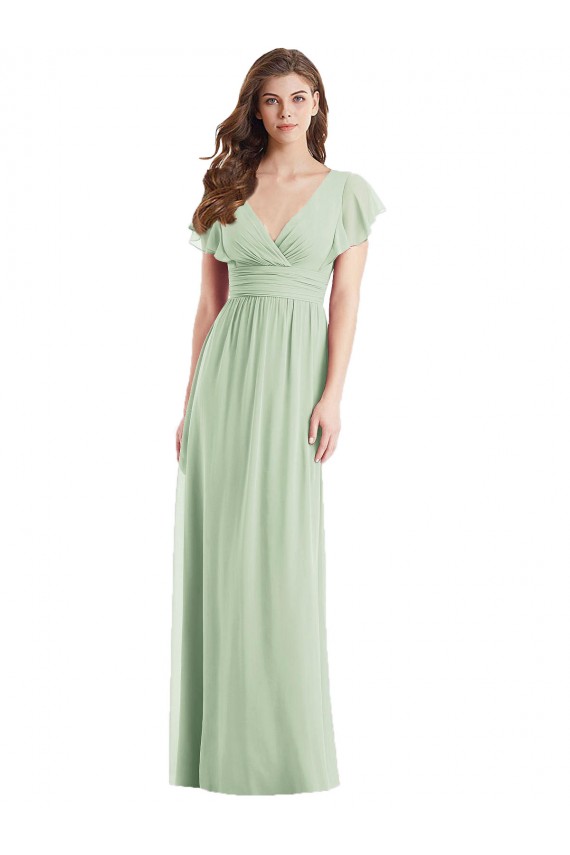 Vert Sauge Trompette Col V Mousseline Longue Robes demoiselle d'honneur Grossiste