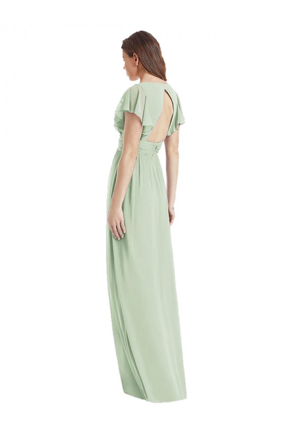 Vert Sauge Trompette Col V Mousseline Longue Robes demoiselle d'honneur Grossiste