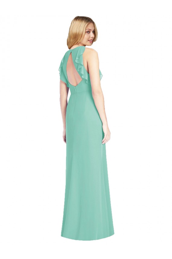 Vert de jade Sirène Col bijou Mousseline Longue Robes demoiselle d'honneur Grossiste