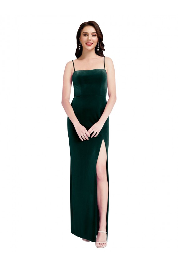 Vert foncé Fourreau Bretelles spaghetti Col Carré Velours Stretch Longue Robes demoiselle d'honneur / Robes de bal Grossiste
