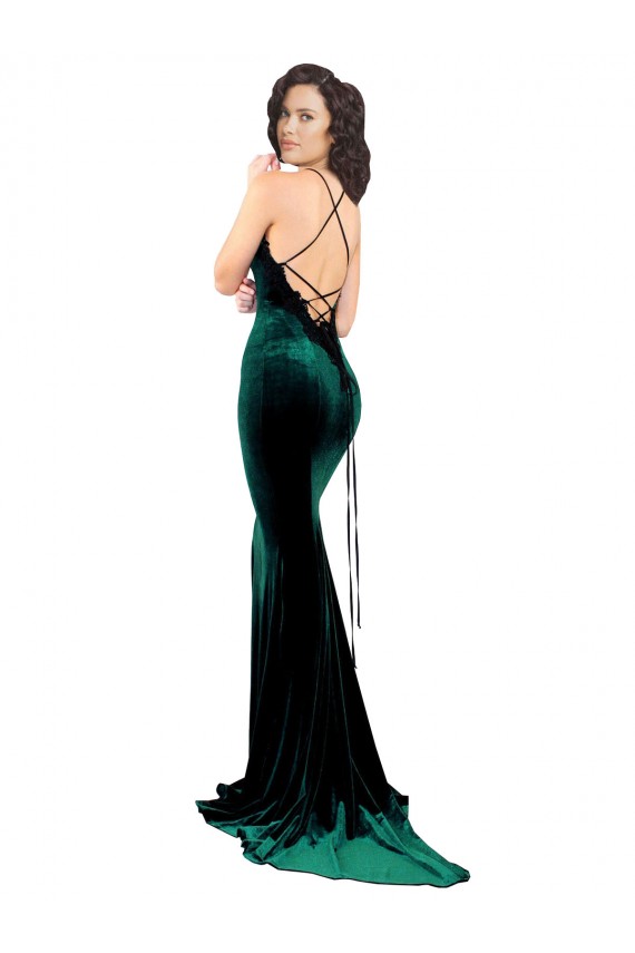 Vert foncé Sirène Col Haut Balayage train Velours Stretch Longue Formelles Robes demoiselle d'honneur / Robes de soirée / Robes de bal Grossiste