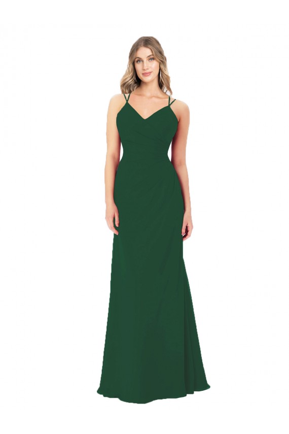 Vert foncé Trapèze Col V Mousseline Longue Robes demoiselle d'honneur Grossiste