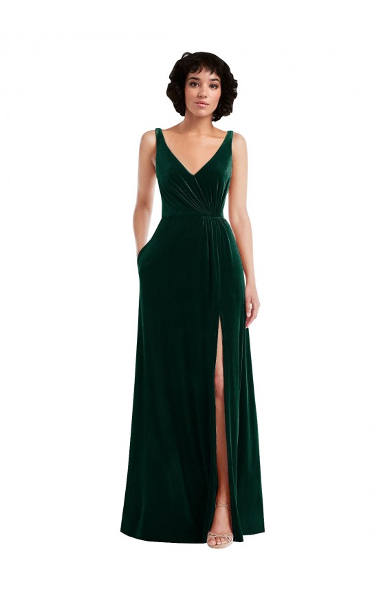 Vert foncé Trapèze Col V Velours Stretch Longue Robes demoiselle d'honneur / Robes de bal Grossiste