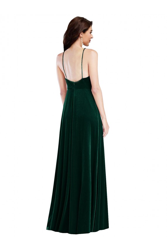 Vert foncé Trapèze Licou Col Haut Velours Stretch Longue Robes demoiselle d'honneur / Robes de bal Grossiste