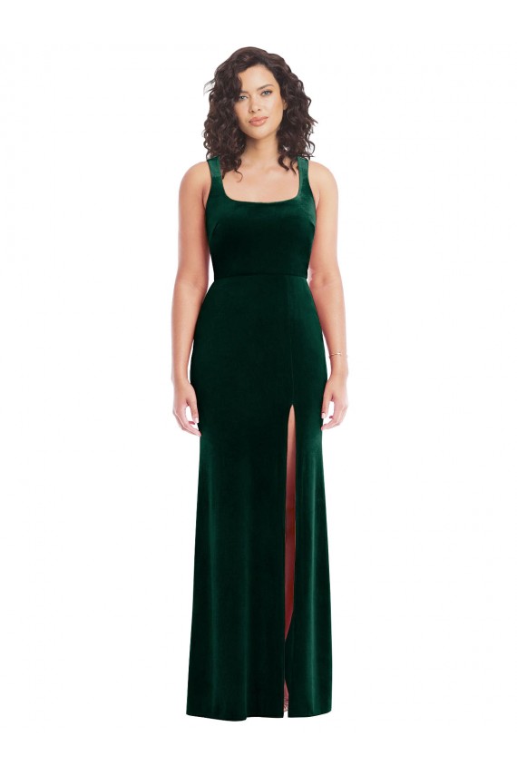 Vert foncé Trompette Col Carré Velours Stretch Longue Robes demoiselle d'honneur / Robes de bal Grossiste