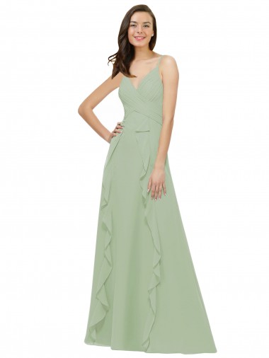 Vert fumée Trapèze Bretelles spaghetti Col V Mousseline Longue Robes demoiselle d'honneur Grossiste