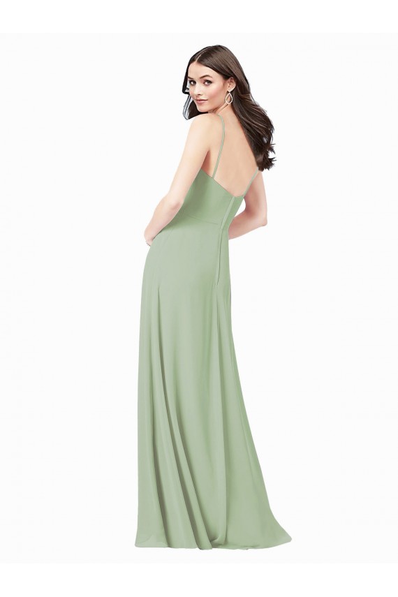 Vert fumée Trapèze Bretelles spaghetti Mousseline Longue Robes demoiselle d'honneur Grossiste